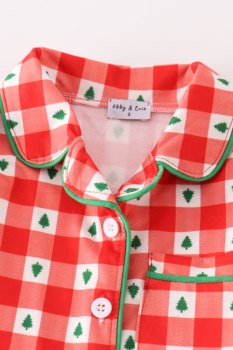 Red christmas tree gingham girl pajamas set