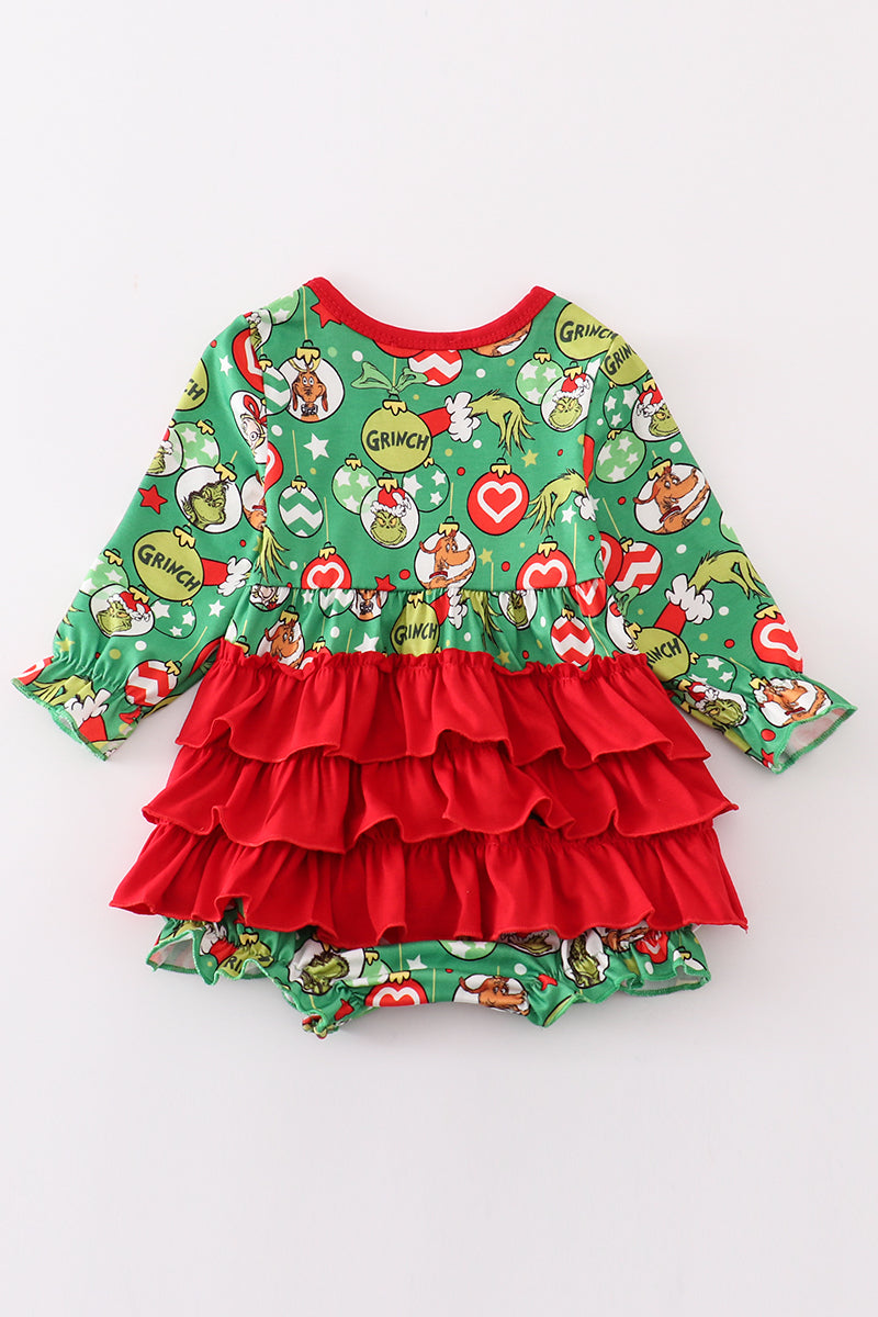 Green grinch print girl ruffle bubble