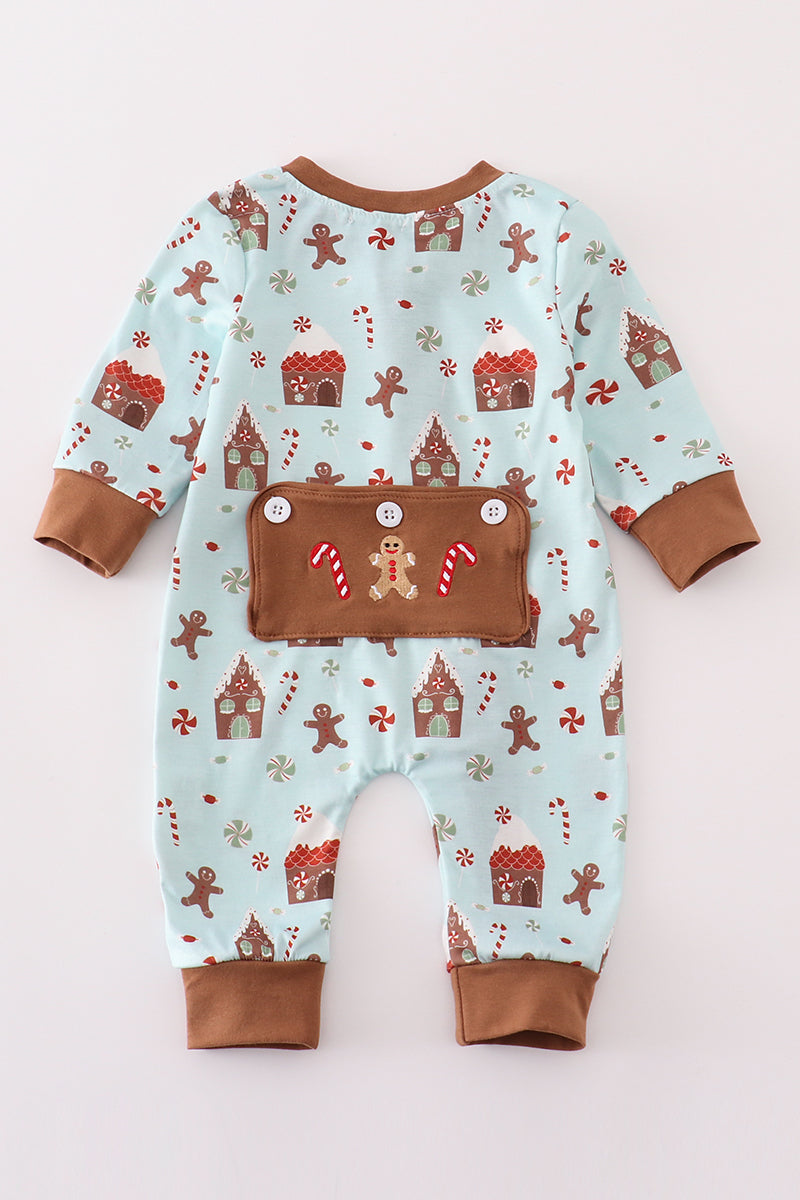 Blue christmas gingerbread boy zip romper