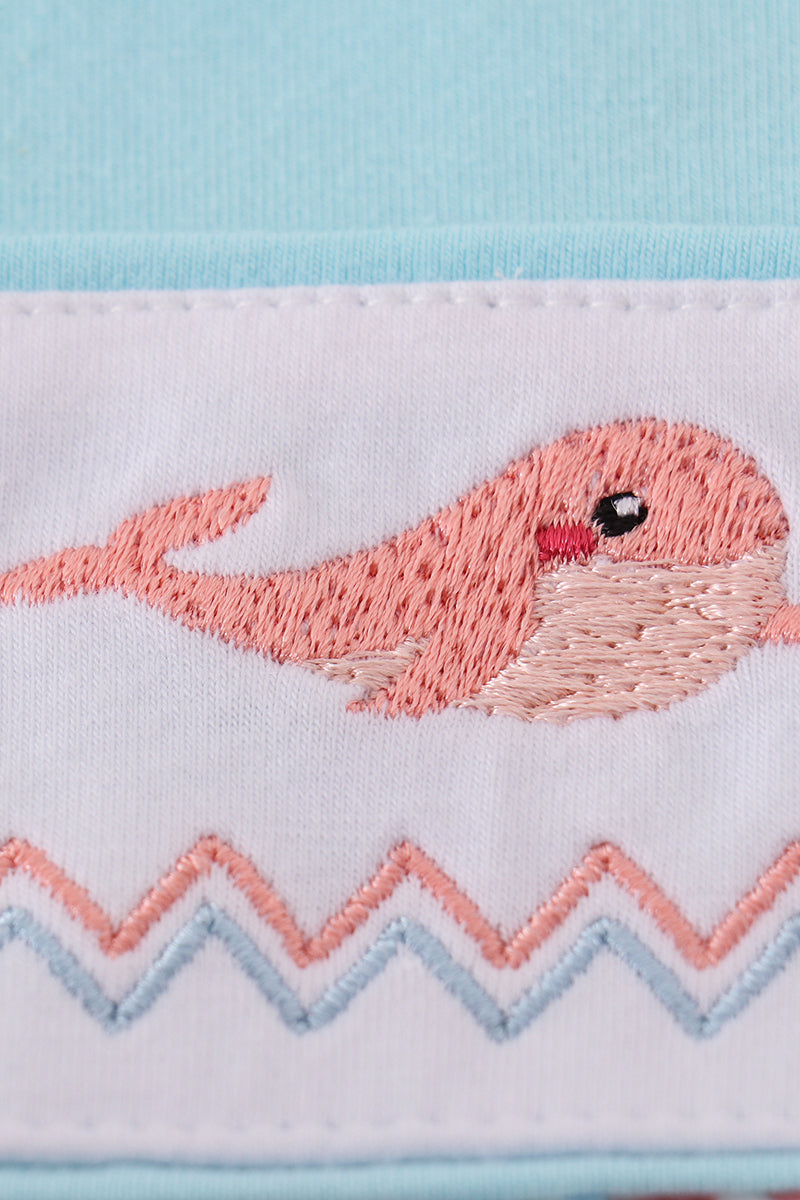 Blue whale embroidery girl bubble