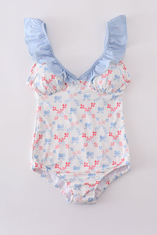 Blue bow lattice print  mom swimsuit