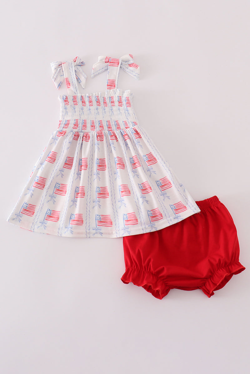 Bow embroidery smocked bloomer set