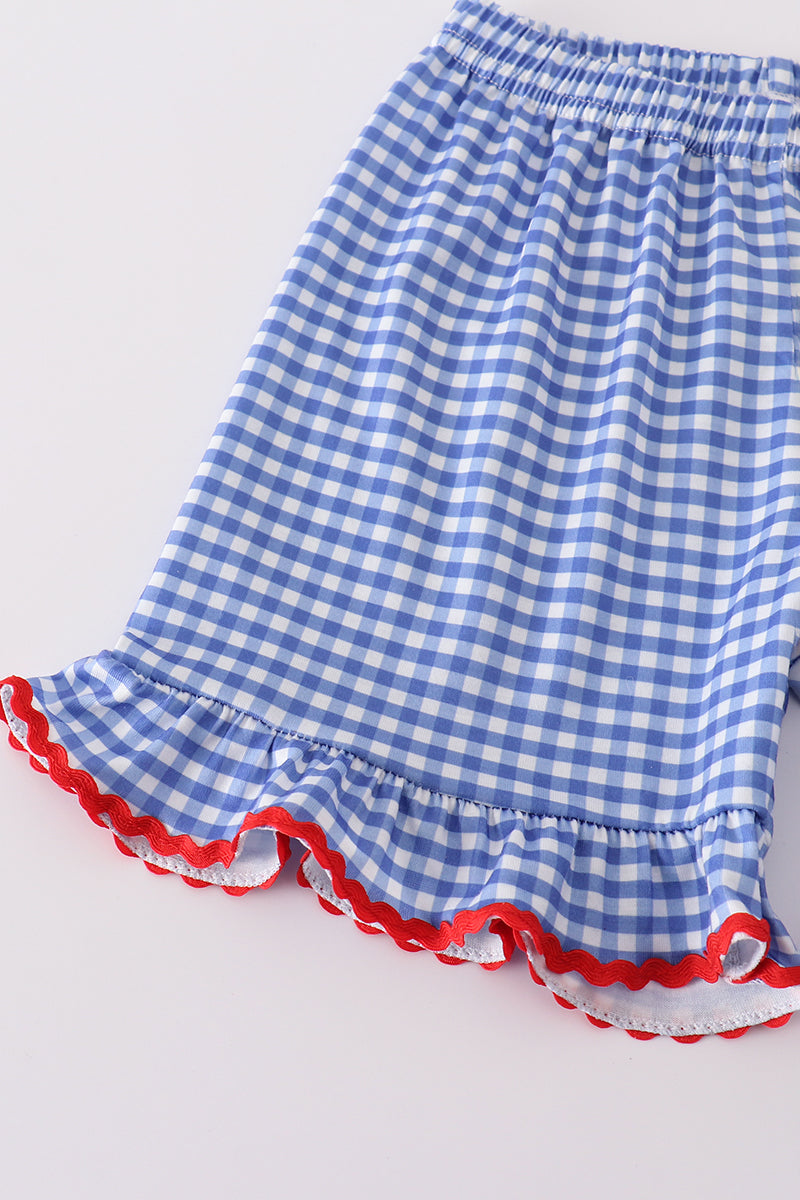 Blue flag bow gingham shorts set