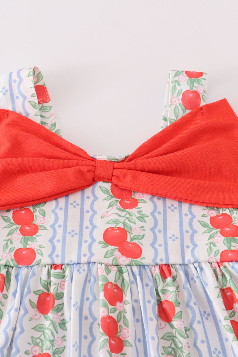 Apple print bow ruffle shorts set