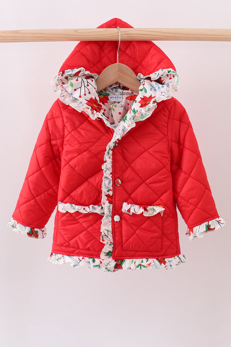 Red floral print ruffle quilted jacket