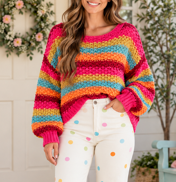 Crochet Striped Knit Sweater