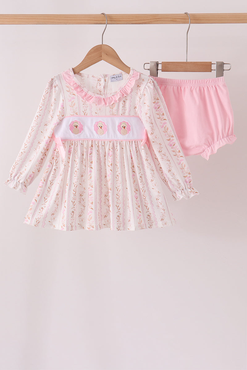 Pink floral turkey embroidery ruffle bloomer set