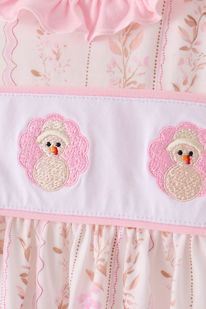 Pink floral turkey embroidery ruffle bloomer set