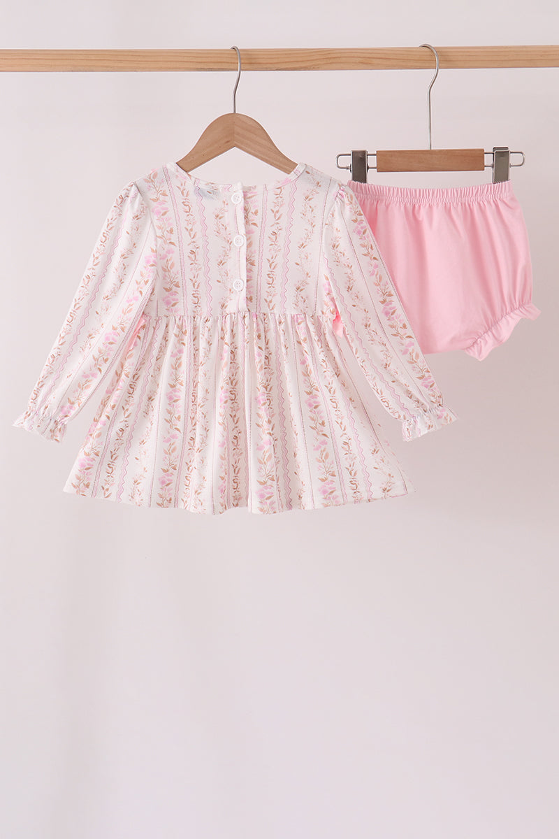 Pink floral turkey embroidery ruffle bloomer set