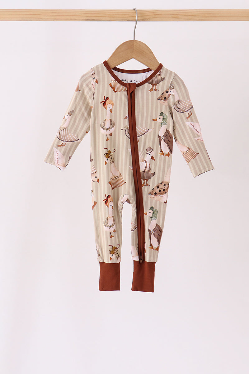 Brown goose print bamboo zipper romper
