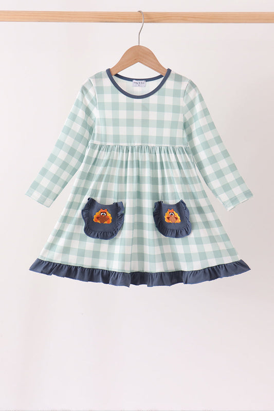 Sage Turkey Embroidery Gingham Dress