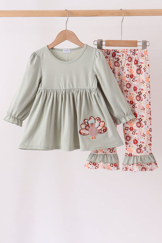 Sage Turkey Applique Ruffle Pants Set
