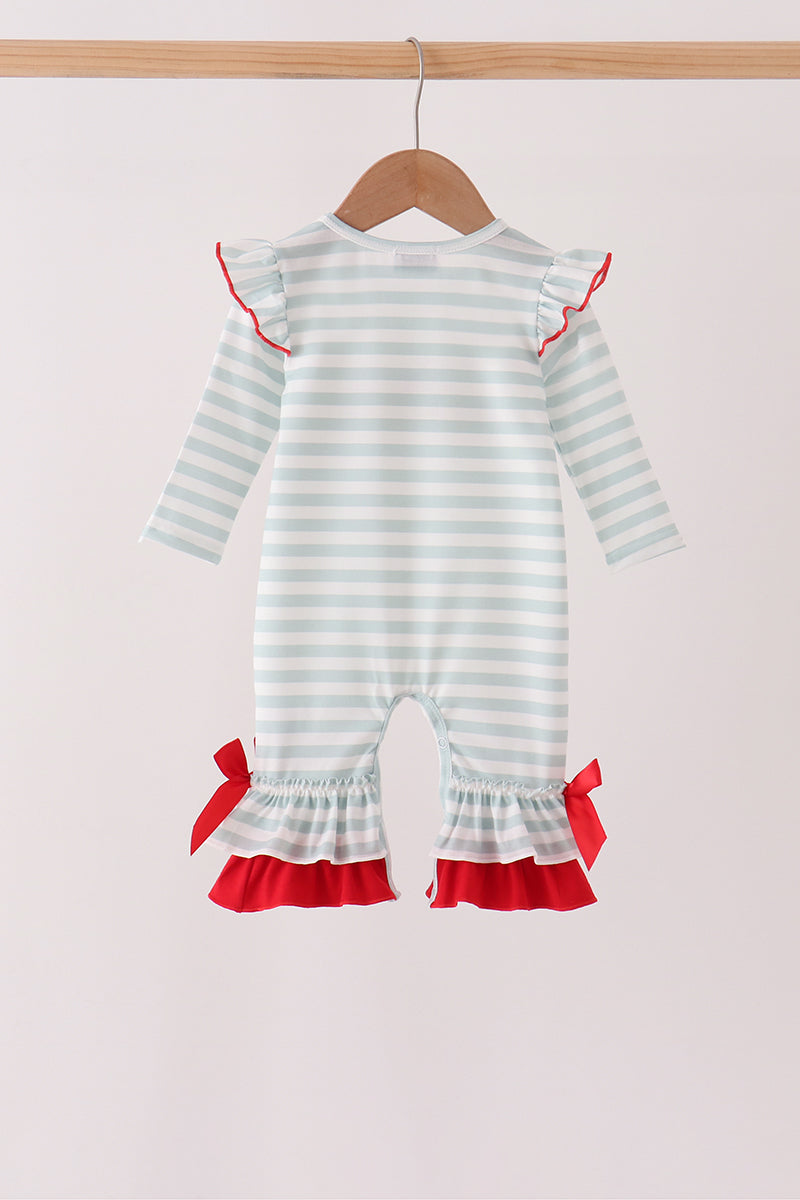 Gray stripe santa french knot ruffle romper