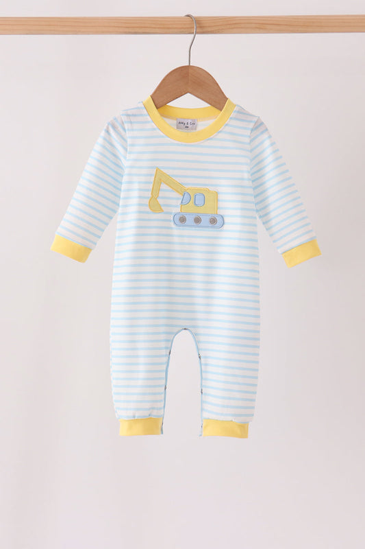 Blue Excavator Applique Stripe Romper