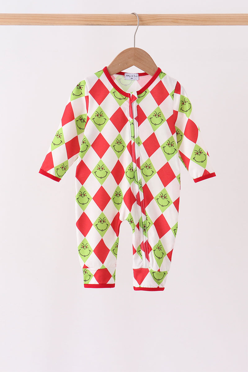 Red grinch print zipper romper