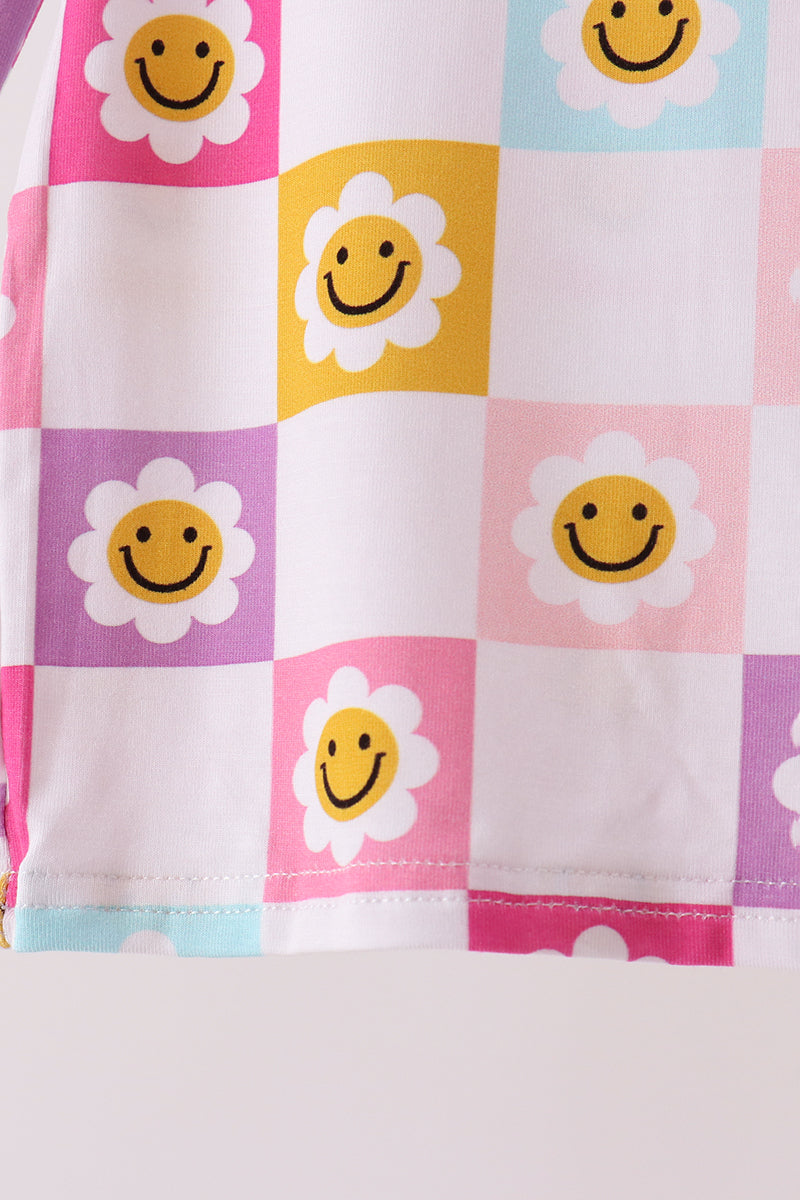 Blue smiling checkered ruffle bamboo pajama set