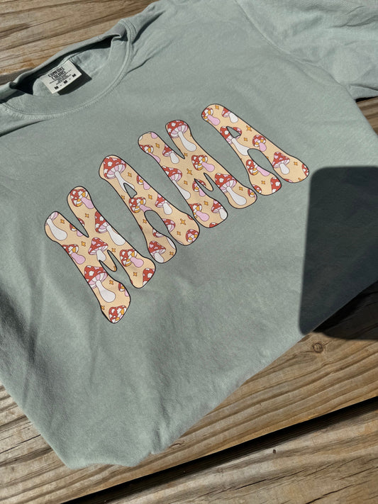 Mushroom mama print bay comfort color tee