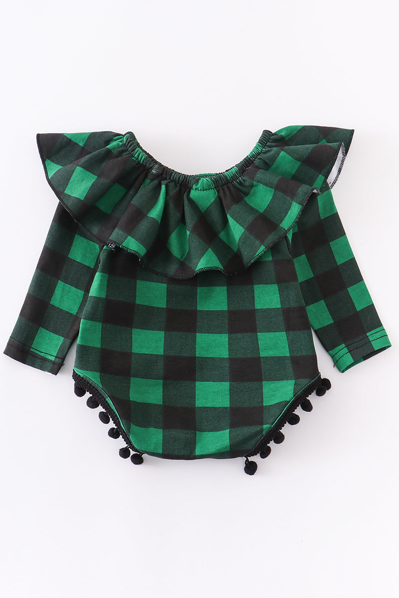 Green check ruffle baby romper