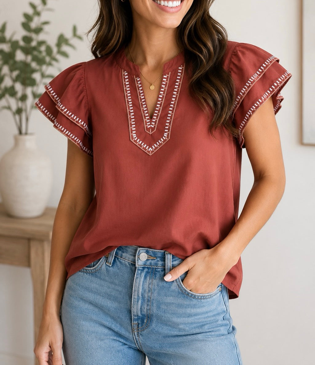 Clay Trim V Neck Blouse RTS