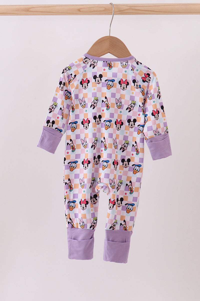 Premium purple character print checkered bamboo romper