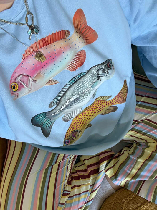 Colorful Coastal Fish Graphic Crewneck Sweatshirt | Beachy Fishing Crew | Summer Lake Life Pullover