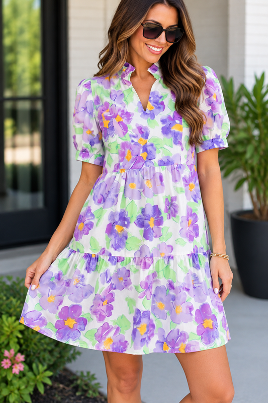 Purple Floral Ruffle Mini Dress RTS