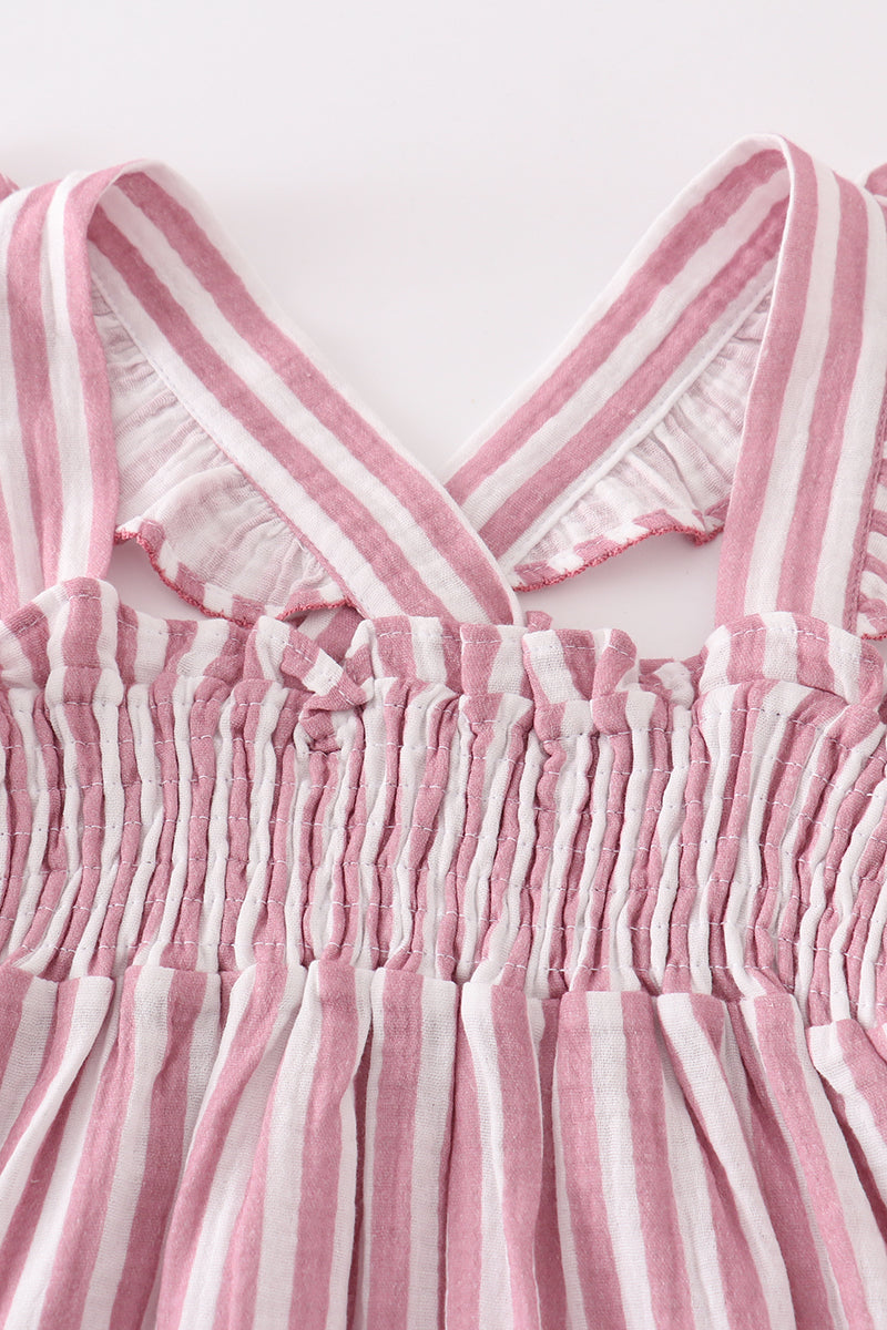 Premium Pink muslin stripe smocked ruffle dress