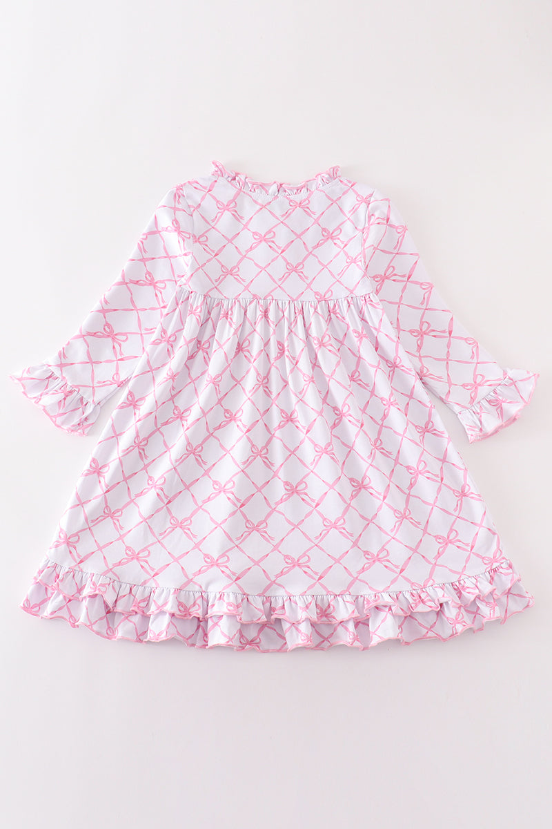 Premium Pink bow tie print ruffle pajamas dress