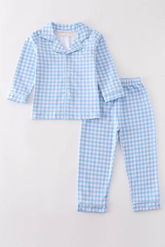 Premium Blue plaid boy button down pajamas set