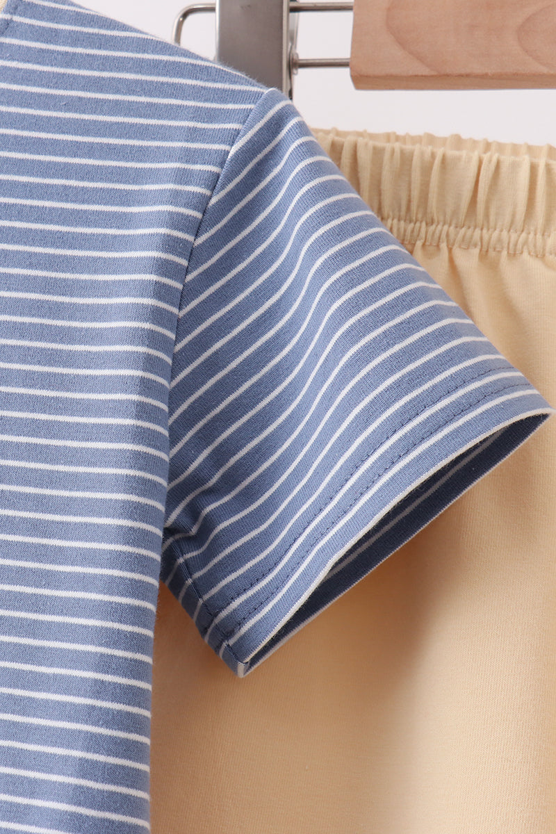 Blue stripe truck embroidery shorts set