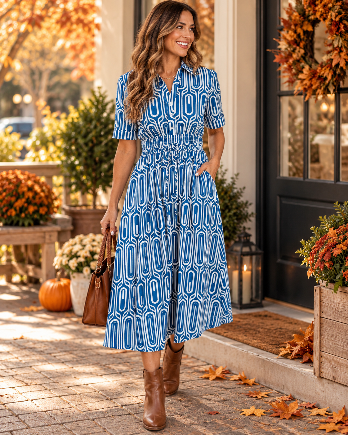 Blue Geometric Drawstring Dress