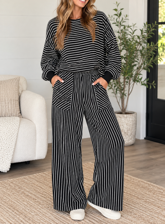 Black Stripe Relaxed Pullover Set