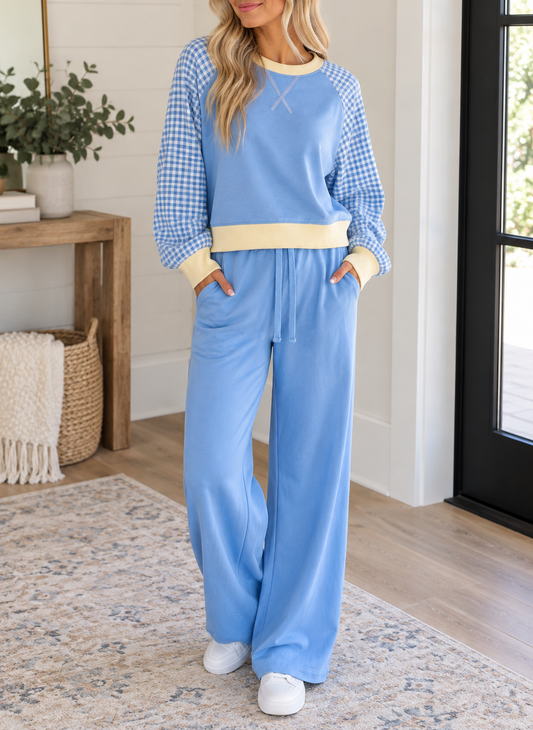 Blue Colorblock Plaid Set