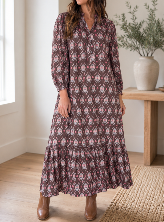 Brown Floral Ruffle Dress RTS