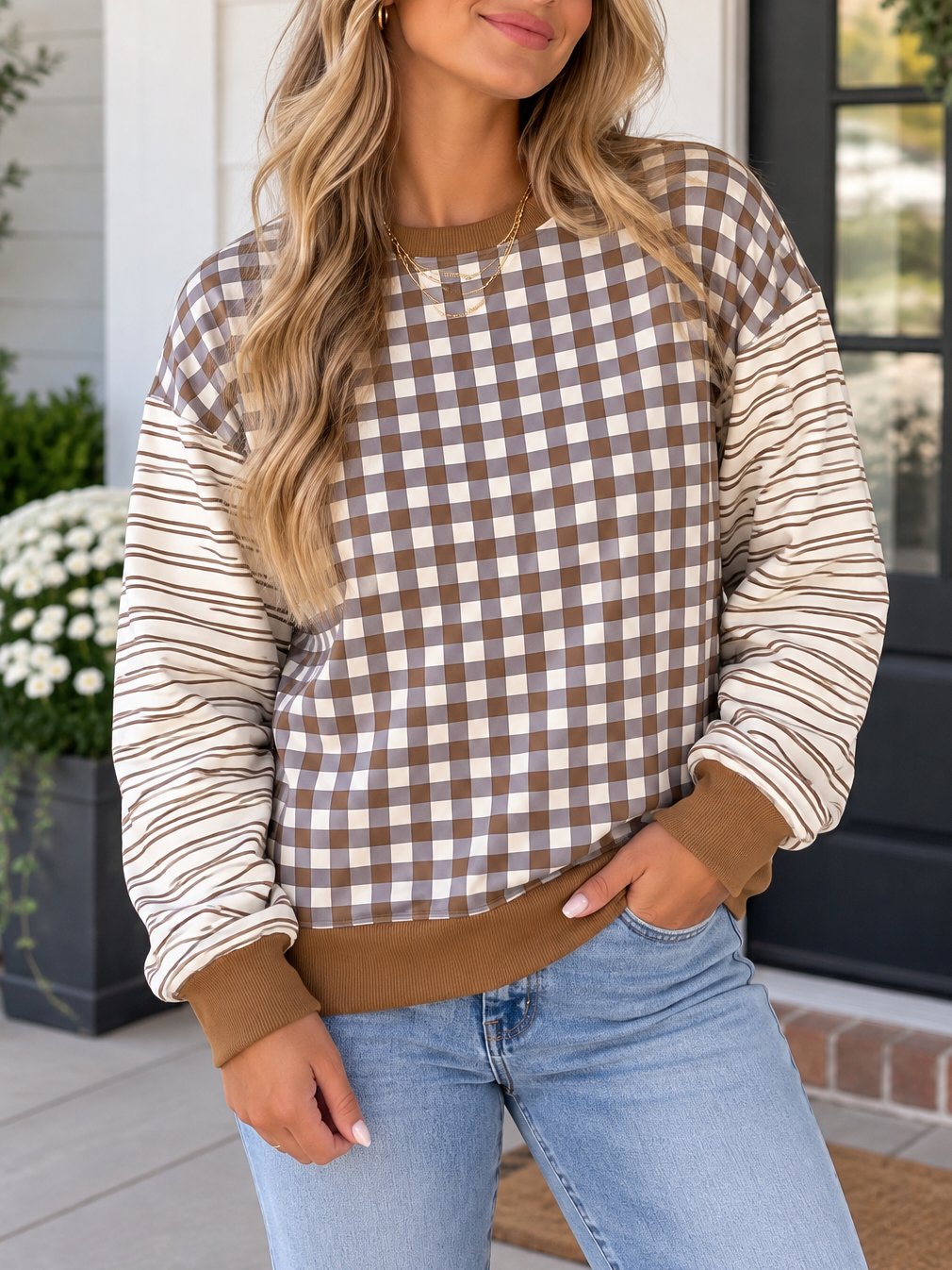 Brown Plaid Patchwork Top