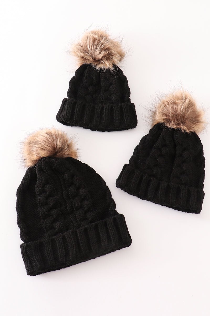 Black pompom cable beanie