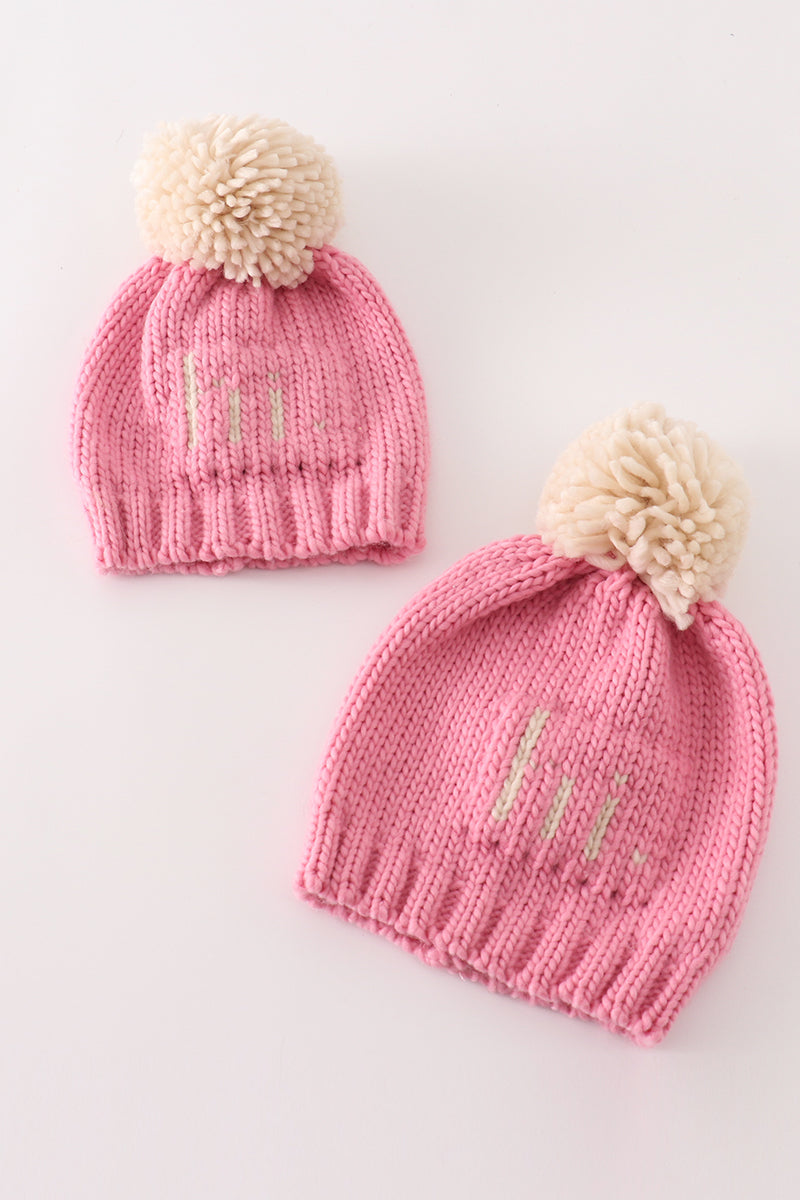 Pink pompom hi cable beanie