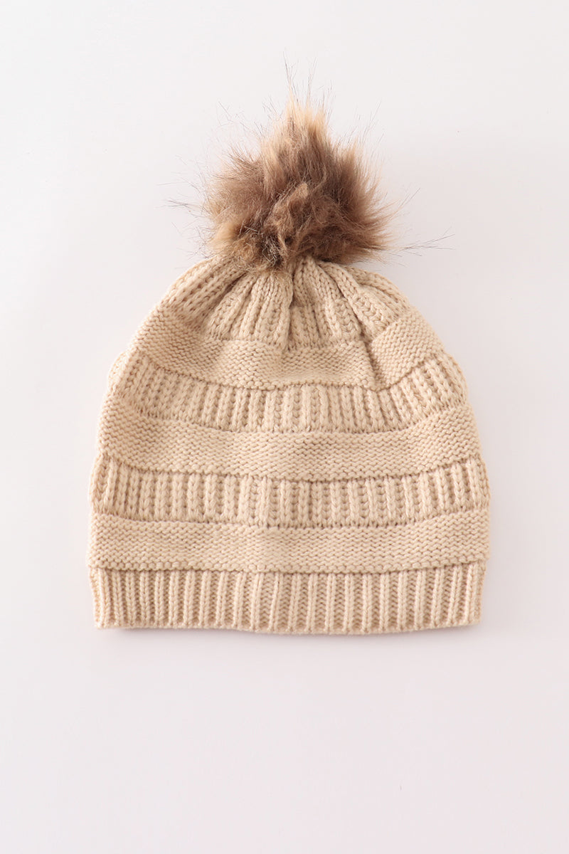 Beige pompom cable beanie