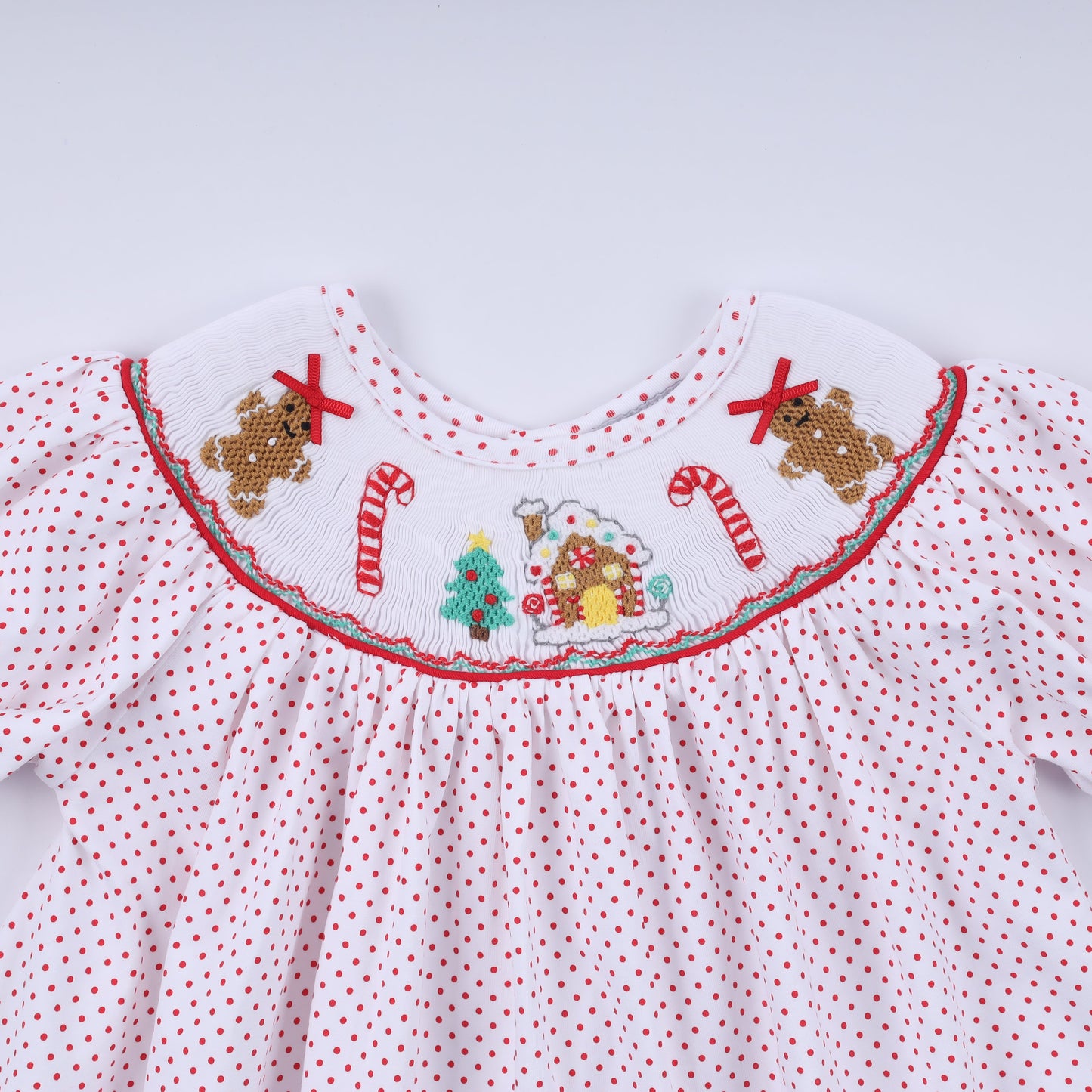 Red gingerbread hand smocked ruffle pants set