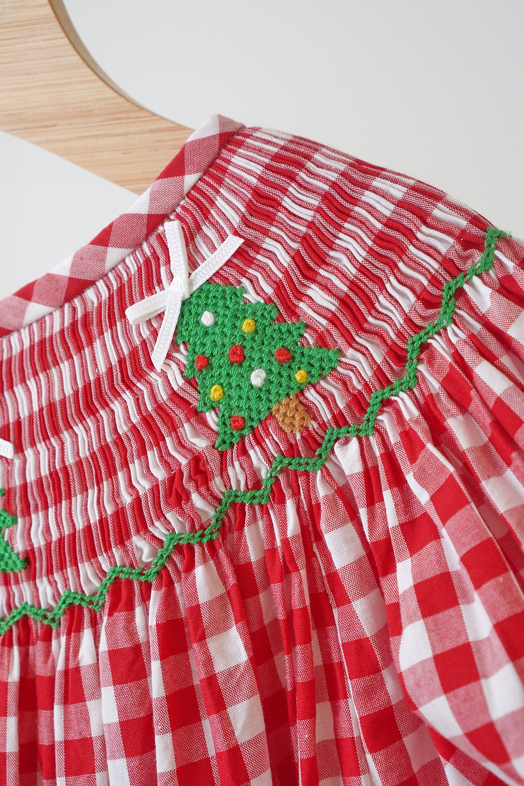 Red christmas tree hand smocked gingham dress