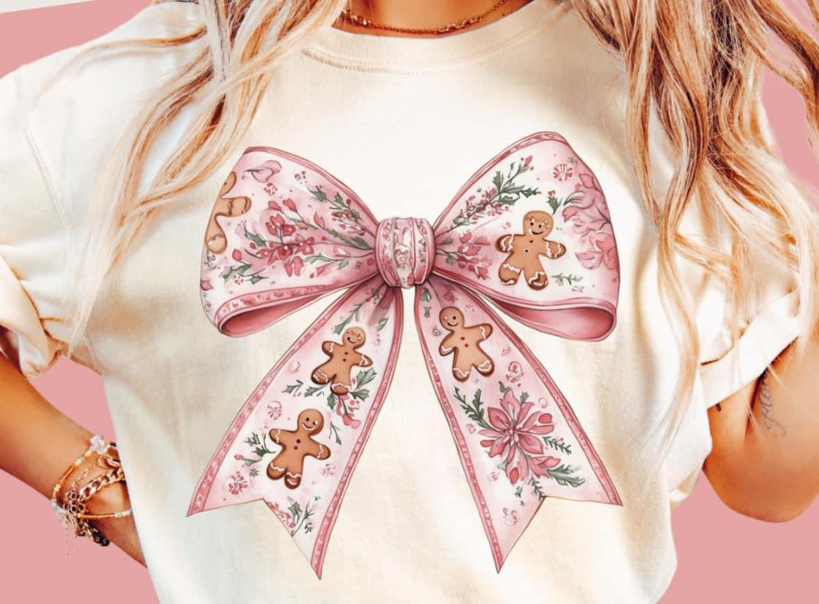 Vintage gingerbread pink bow design tee / sweatshirt l