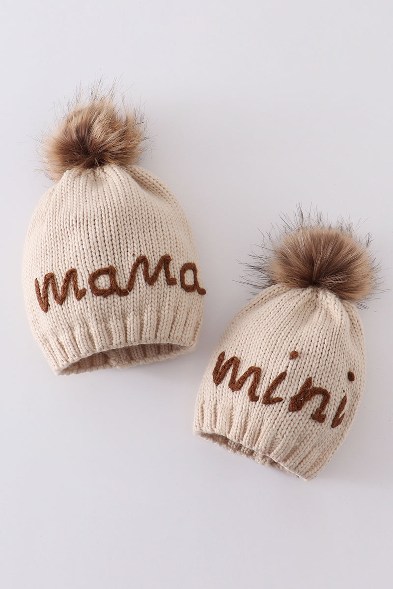 Hand embroidered pom pom beanie hat mommy&me