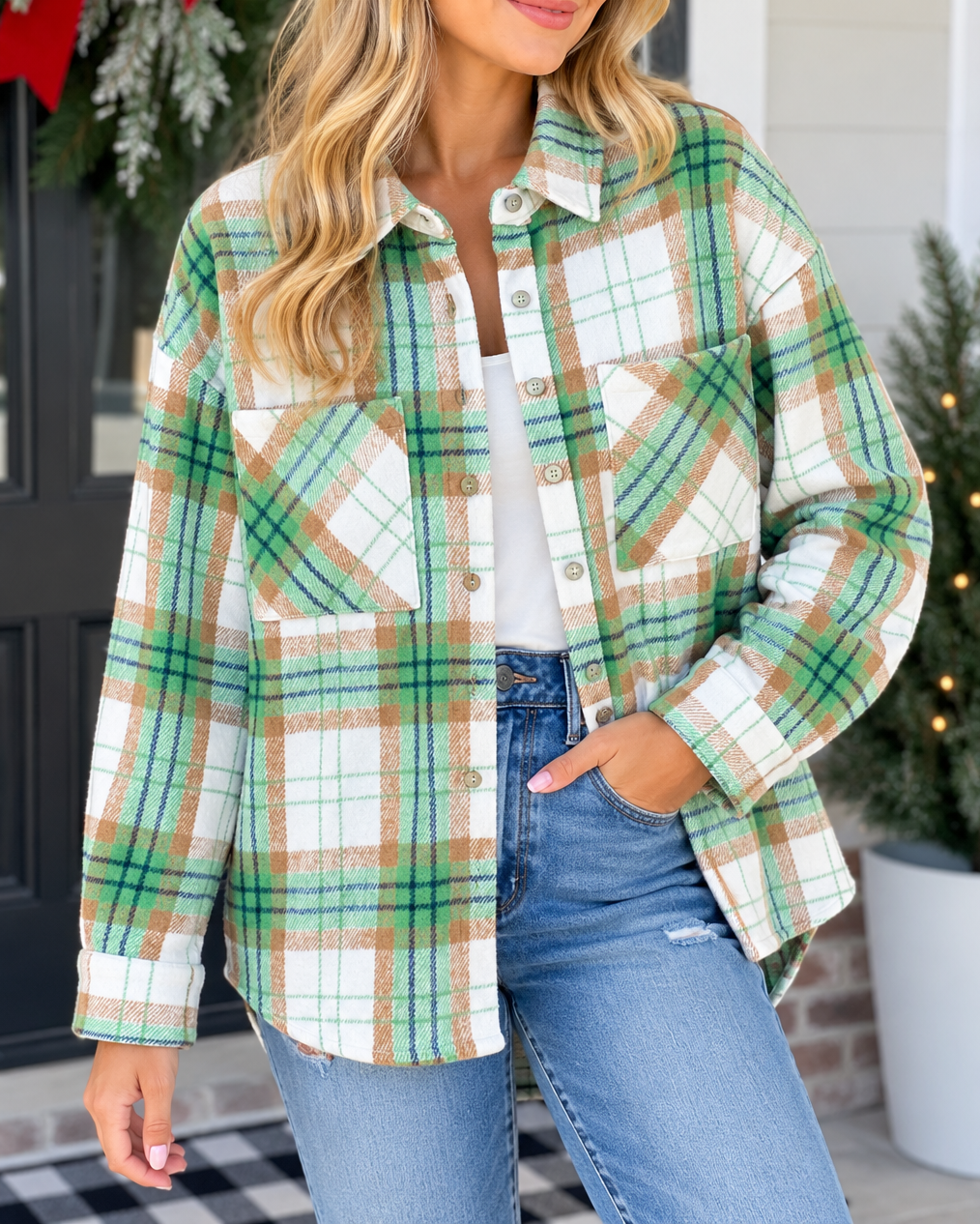 Khaki Christmas Plaid Shacket
