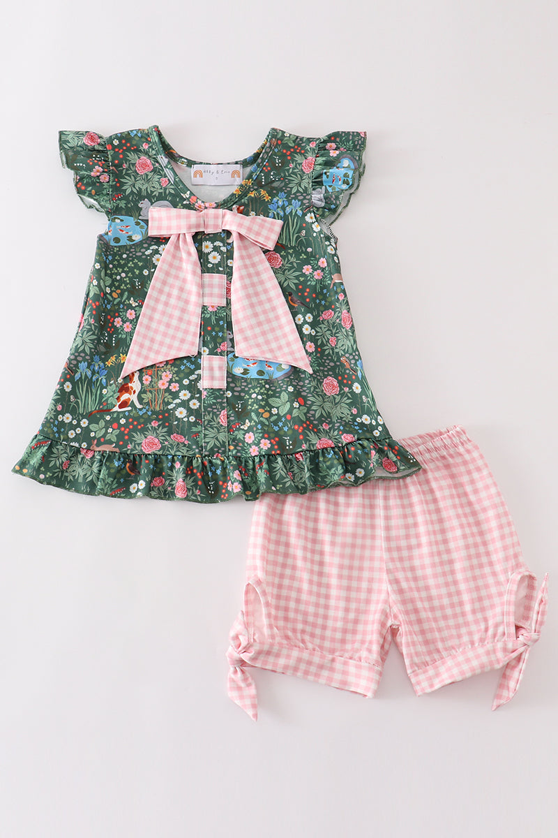 Green floral cat ruffle set