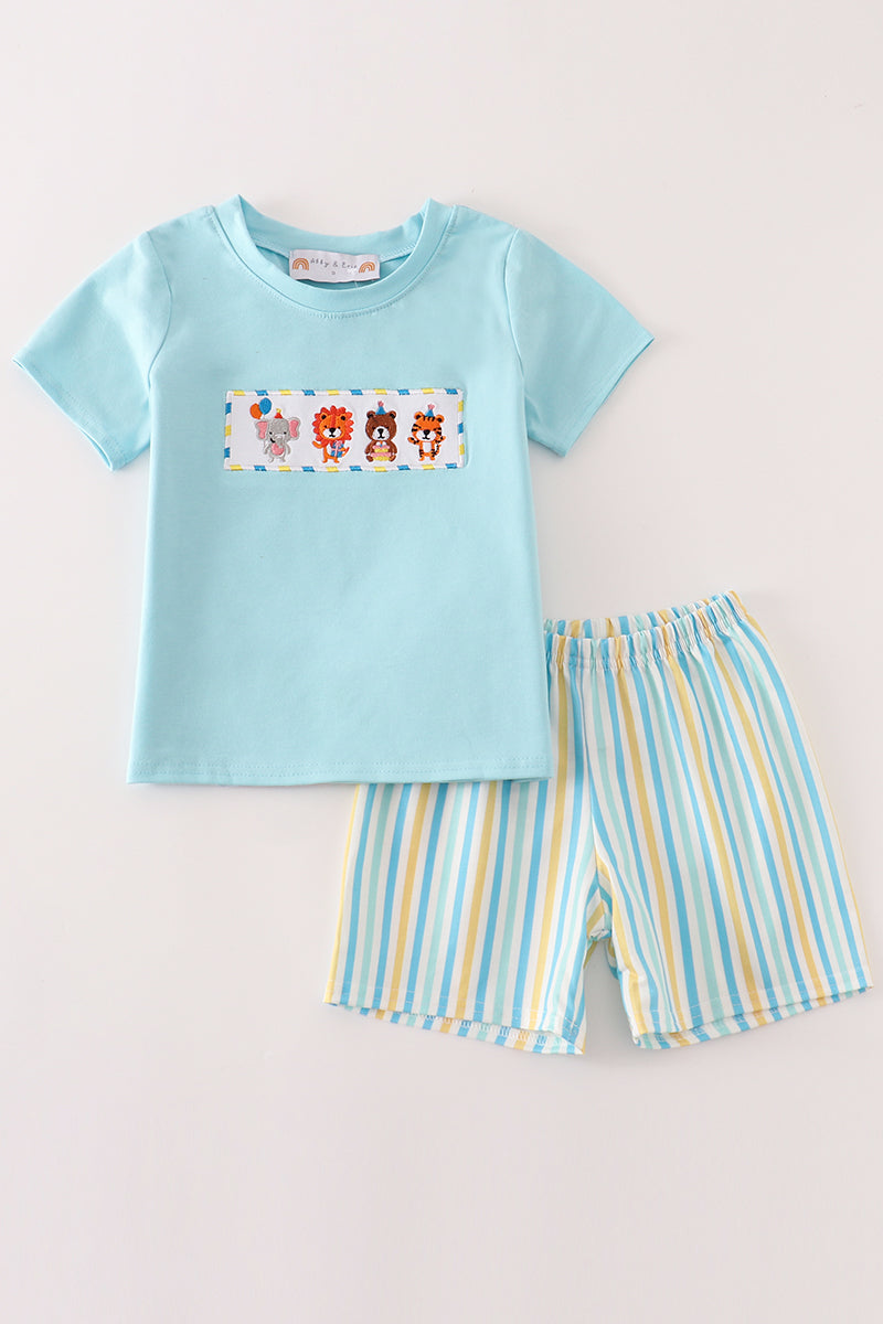 Blue animals birthday embroidery boy set