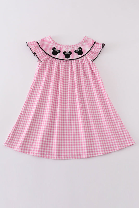 Pink character embroidery girl gingham dress