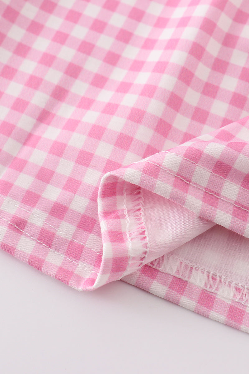 Pink character embroidery girl gingham dress