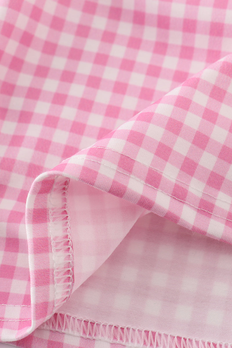 Pink character embroidery girl gingham dress