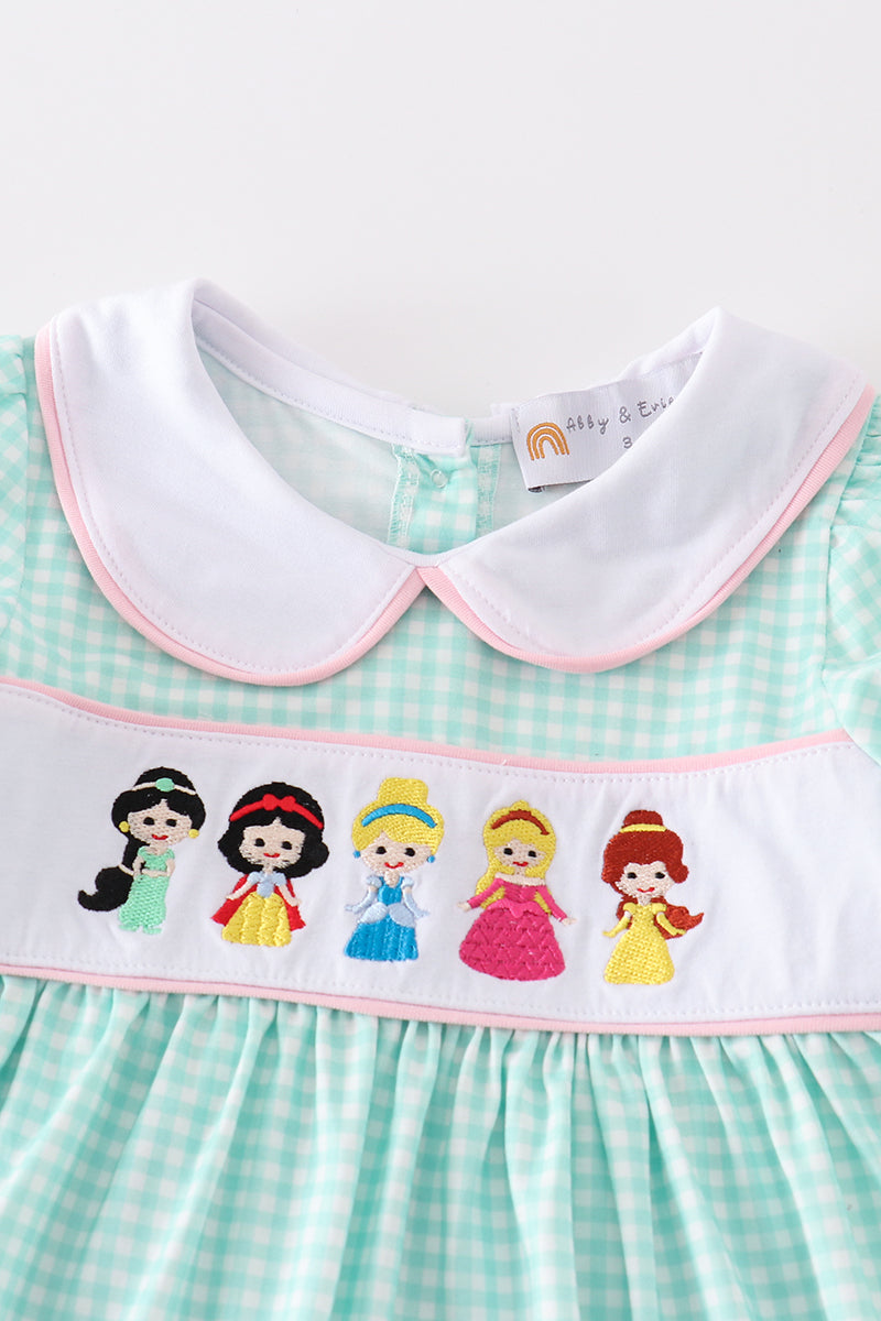 Green princess embroidery girl gingham set