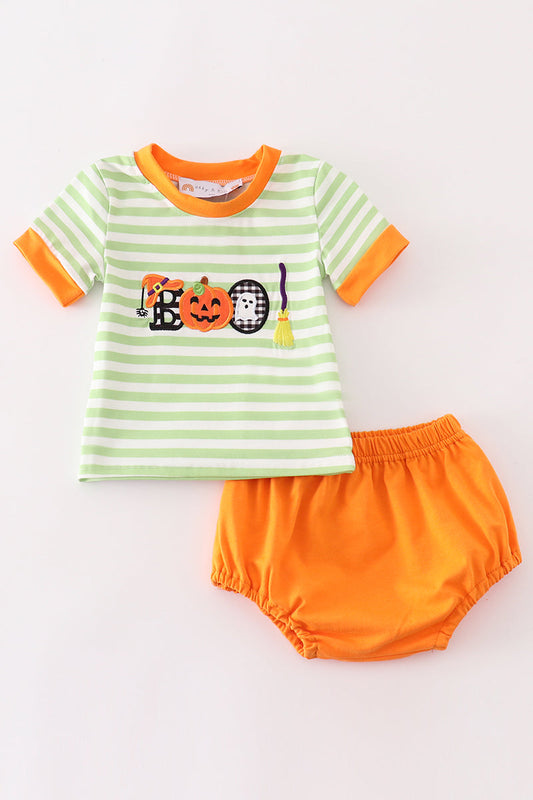 Orange halloween pumpkin BOO applique baby set